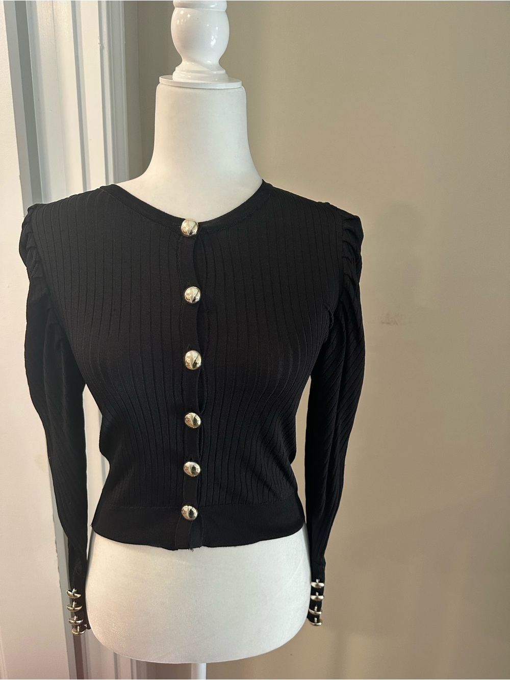 Zara Black Ribbed Button-Down Top with Gold Buttons
